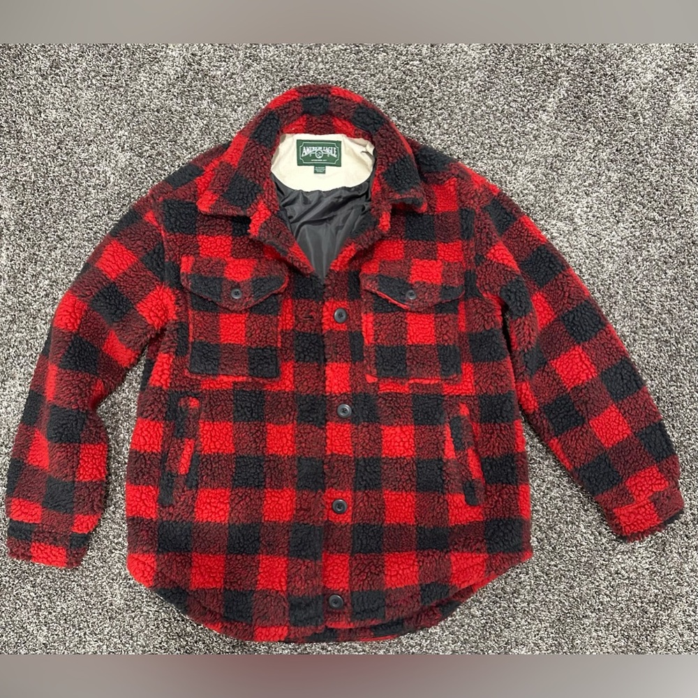 American Eagle OS xs red/black plaid teddy coat! Work once! Cozy and beautiful!